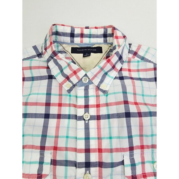 Tommy Hilfiger Size Medium Men White Red Green Gray Check Button Down Logo Shirt - Picture 1 of 12